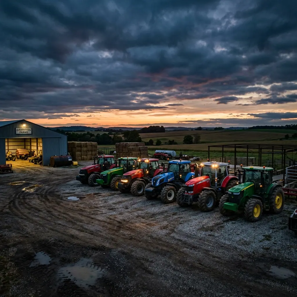 Tractors parked in a rural equipment yard at dusk