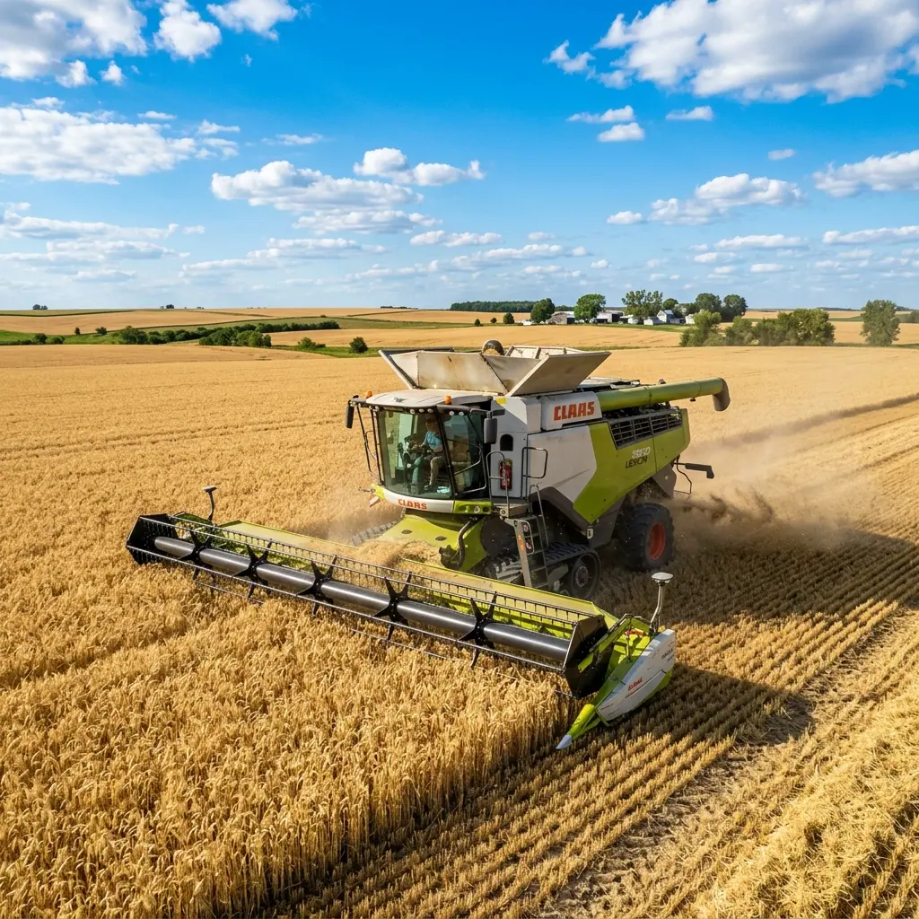 Combine harvester working through a wheat field