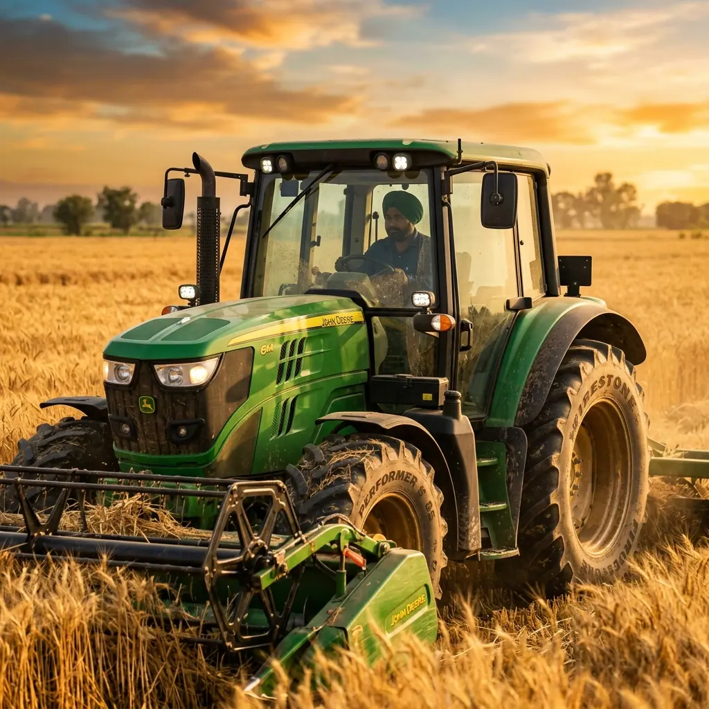 Tractor ready for field work at sunrise
